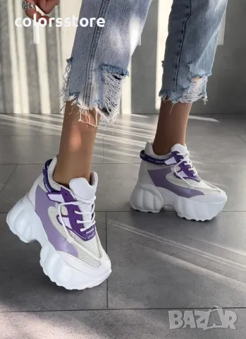 Кецове на платформа - бяло с лилаво - PA300