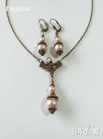 Красив бронзов Викториански Перлен комплект с розови кристални перли , снимка 9 - Бижутерийни комплекти - 40710038