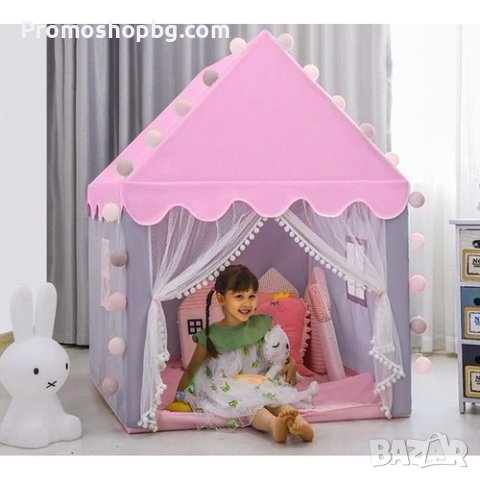 Детска палатка за игра с LED лампи, Розово-сива, Размери 130х100х115 см, снимка 2 - Други - 43008420