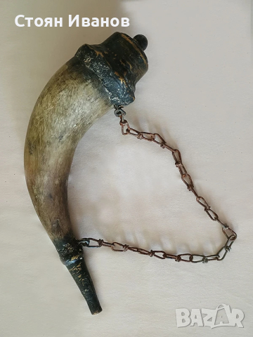 Старинна хайдушка рогова барутница за кремъчна пушка, пищов, снимка 2 - Антикварни и старинни предмети - 50791985