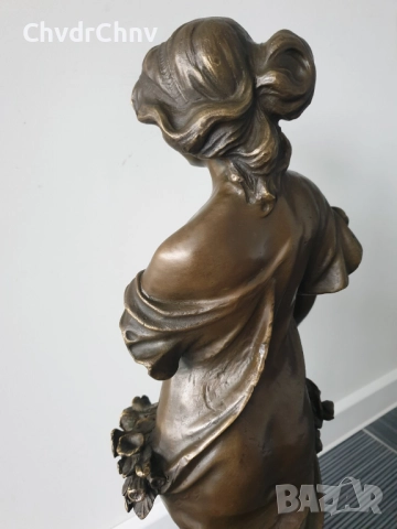 68см-17кг Moreau статуетка/френска бронзова скулптура/голяма фигура на жена с цветя, снимка 11 - Статуетки - 52570330