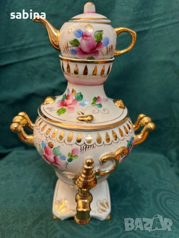 Нов комплект порцеланов самовар и захарница Гжель/Гжел, снимка 7 - Антикварни и старинни предмети - 52860180