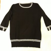 Свободна черна блуза 3/4 ръкав с бяла гарнитура и кокетни копчета сребърни, фино плетиво , снимка 3 - Блузи с дълъг ръкав и пуловери - 37414688