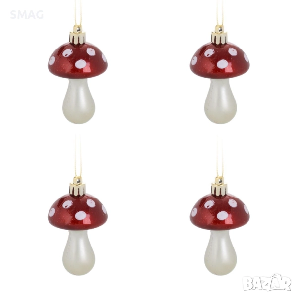 Комплект коледни украшения за елха – червени перлени гъбки, 7,5 см – 4 бр._1241029, снимка 1