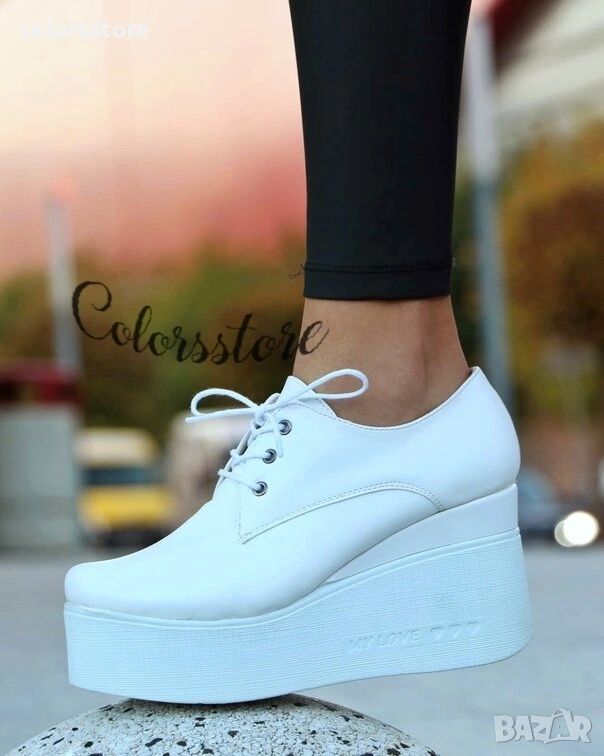 Обувки на платформа - бяла кожа - 120K, снимка 1