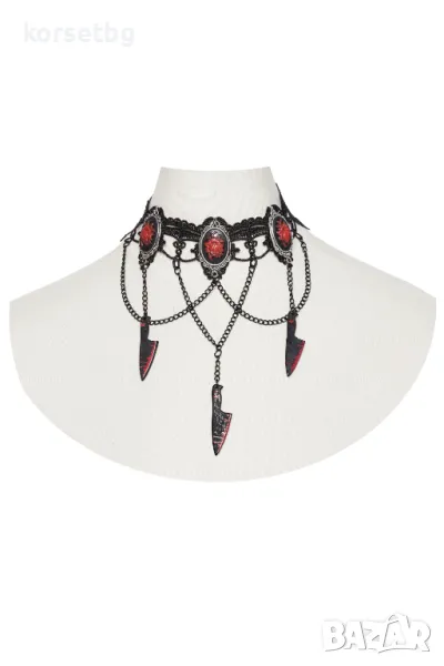Готически чокър от черна дантела с рози и кървави висулки ножове- 9032, снимка 1
