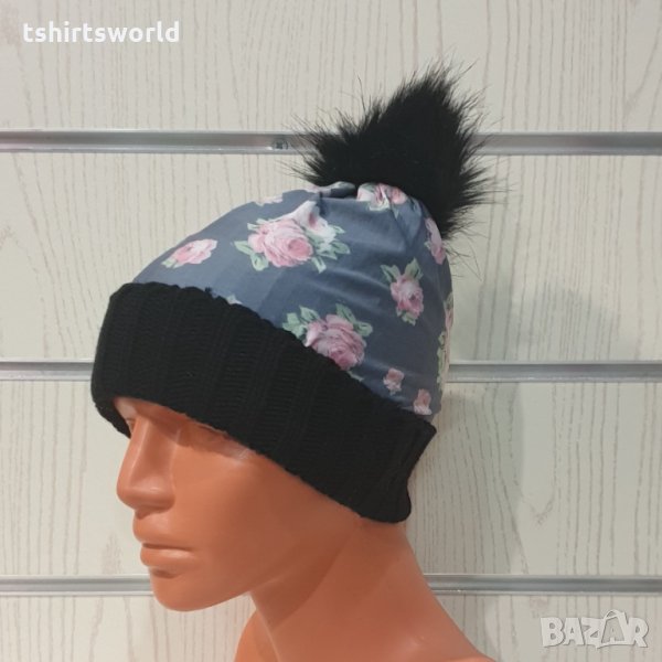 Нова зимна дамска шапка с Рози и пух/помпон, снимка 1