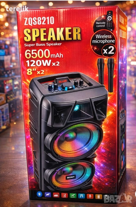 №1 Нова ZQS 8210 2х8 120W 6500mah 2 микрофона ПРЕНОСИМА КАРАОКЕ КОЛОНА От вносител 12 месеца гаранци, снимка 1