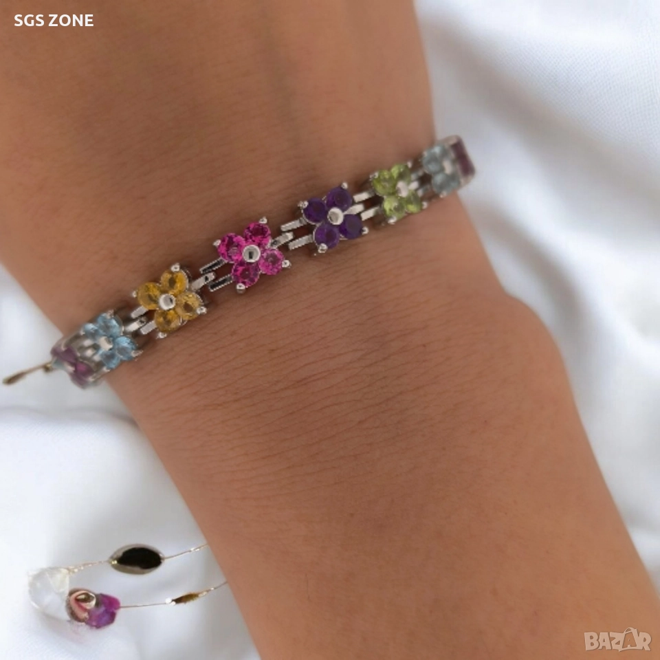 Нежна гривна с цветя от сребро с естествен топаз, аметист, перидот, цитрин, снимка 1