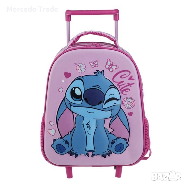 Ученическа раница с колелца за детска градина в розово и синьо с 3D дизайн Stitch, снимка 1
