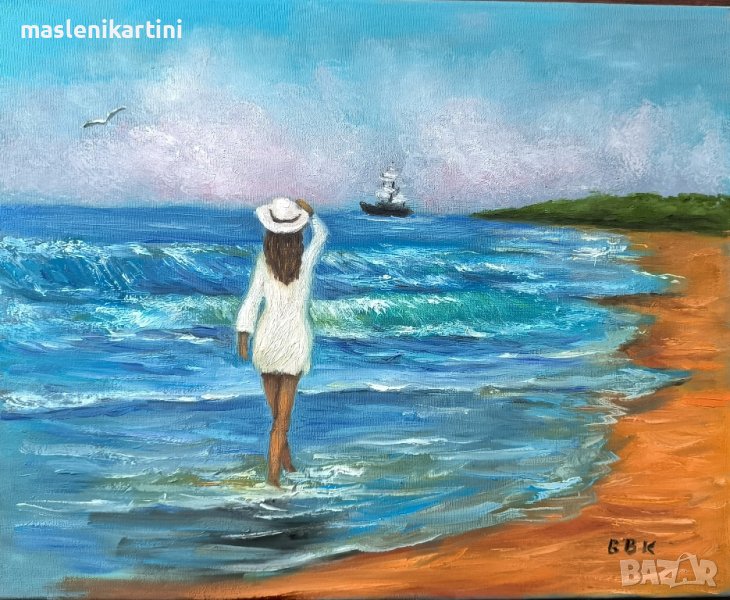 Жена на морския бряг маслена картина , снимка 1