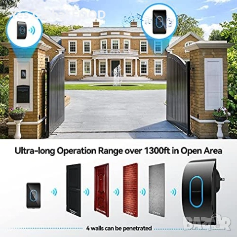 TECKNET безжичен звънец 400 м обхват с LED индикация, снимка 2 - Друга електроника - 53233905