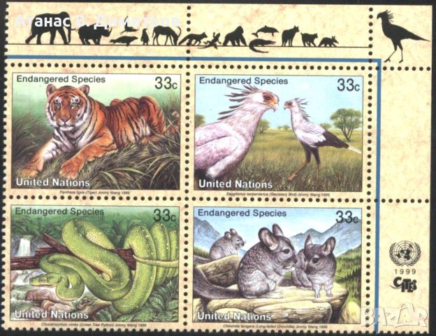 Чисти марки Фауна Тигър Птици Змия 1999 от ООН - Ню Йорк