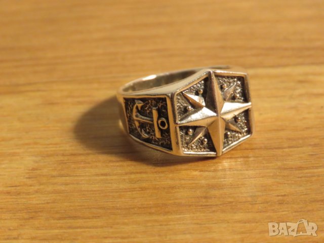 Стар мъжки сребърен пръстен с котва звезда НАТО - морски за ценители, моряци сребро, снимка 2 - Пръстени - 27109734