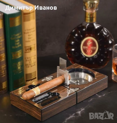 Кедров пепелник със стойка, ножица и пънчър за пури