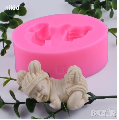 3D бебе с плетени заешки уши ушички шапчица и гащички опашле силиконов молд фондан гипс свещ торта , снимка 2 - Форми - 17604625