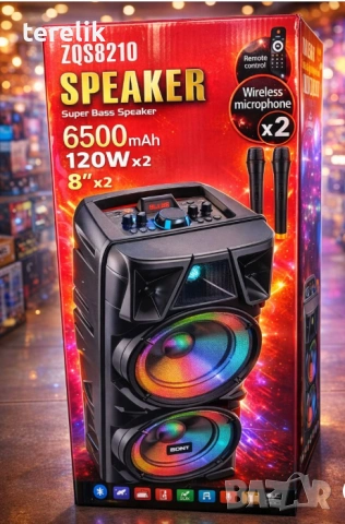 №1 Нова ZQS 8210 2х8 120W 6500mah 2 микрофона ПРЕНОСИМА КАРАОКЕ КОЛОНА От вносител 12 месеца гаранци