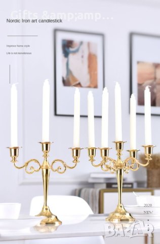 Метален свещик за три или пет свещи в златно, снимка 3 - Декорация за дома - 42956507