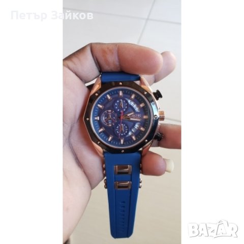 Мъжки спортен часовник хронограф с масивен цифеблат и силиконова каишка с орнаменти в розово злато, снимка 4 - Мъжки - 42938641