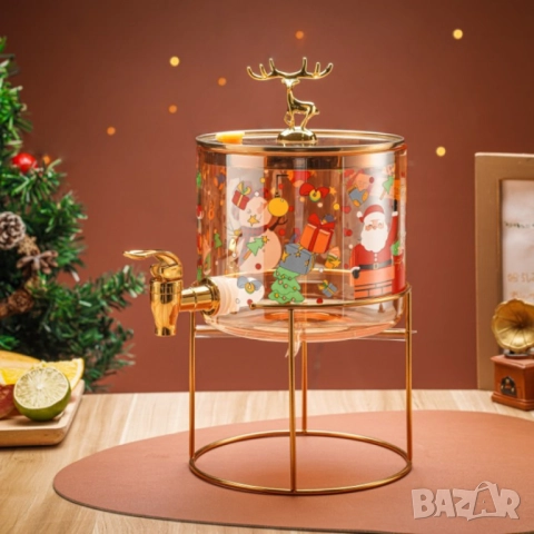 Стъклен диспенсър за напитки 2.6 L с коледен дизайн и златиста стойка, снимка 5 - Други стоки за дома - 51852344