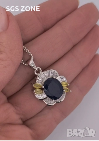 СРЕБЪРНА ВИСУЛКА СЪС СИН САПФИР И ЖЪЛТИ САПФИРИ ОТ ТАЙЛАНД, снимка 7 - Колиета, медальони, синджири - 52316261