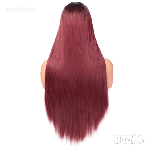 Бордо синтетична перука с тъмни корени и с дантела отпред 13x4, снимка 6 - Аксесоари за коса - 52229294