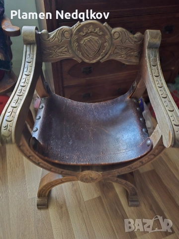 Старо столче,седалка кожа със подлакътници , снимка 3 - Антикварни и старинни предмети - 51513493
