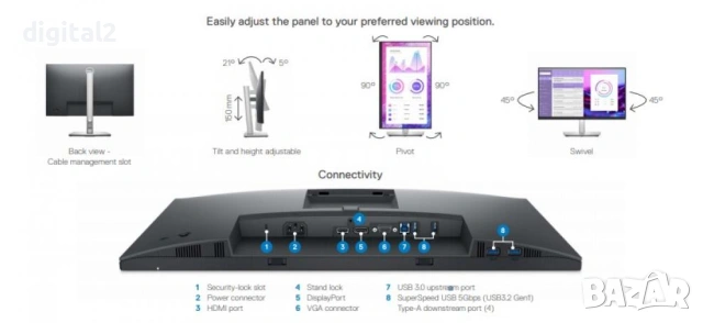 Монитор Dell 23.8'' IPS, Full HD, 60Hz, 5ms, HDMI, Display Port,P2422H, снимка 8 - Монитори - 53527052
