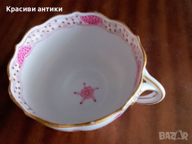 Meissen 1815 - 1860 година Pink Indian Flower Gold колекционерска чаша от порцелан  , снимка 3 - Антикварни и старинни предмети - 43452694