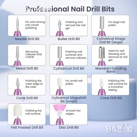 Професионални пили за нокти 20 000 RPM,11 свредла,комплект за маникюр и педикюрс регулируема скорост, снимка 4 - Други - 40237075