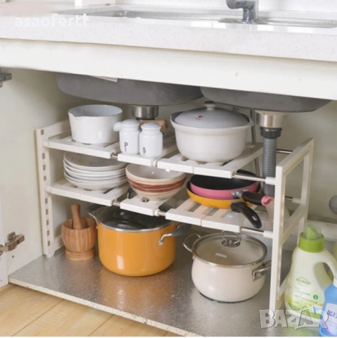 🔧 Регулируема Етажерка 2 Нива за Под Мивка – Разтегателна до 70 см, Органайзер за Кухня/Баня, снимка 6 - Аксесоари за кухня - 52646369