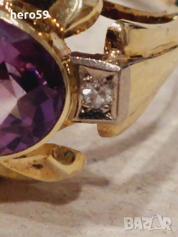 Златен пръстен с аметист и два брилянта-злато 14к., снимка 9 - Пръстени - 43553709
