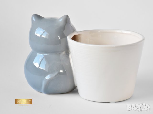 Котка - Кашпа за сукуленти / Подарък за дома / Керамична кашпа с котка , снимка 10 - Саксии и кашпи - 40513352
