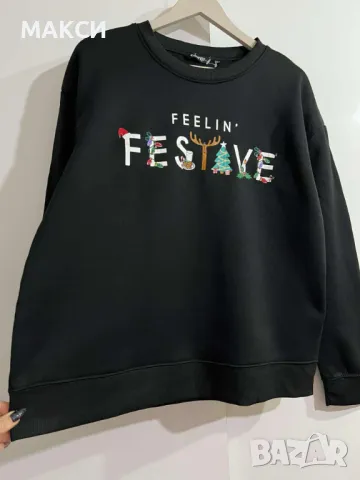 Маркова Коледна еластична топла мека ватирана блуза в черно с надпис /аутлет/, снимка 3 - Блузи с дълъг ръкав и пуловери - 48489142