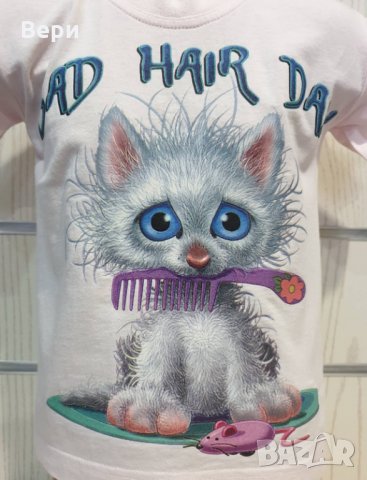 Нова детска тениска с трансферен печат Котенце Bad Hair Day, снимка 7 - Детски тениски и потници - 28462357