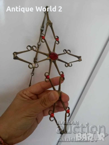 Стар Голям Бронзов Висящ Църковен КРЪСТ с Камъни, снимка 3 - Антикварни и старинни предмети - 53291076