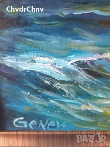 Димитър Генев 33x27см/малка българска картина масло върху платно/морски пейзаж/лодка-залез, снимка 6 - Картини - 51153029