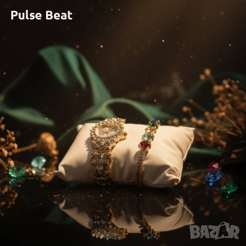 Луксозен дамски комплект – часовник с кристали + гривна с многоцветни камъни, снимка 4 - Дамски - 52057774