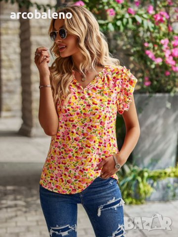 Дамско горнище с V-образно деколте и флорален темперамент, 4цвята, снимка 3 - Ризи - 44119677