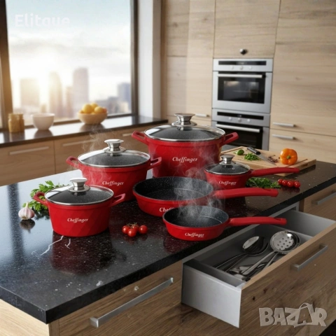 Премиум комплект съдове за готвене 12 части с мраморно покритие Cheffinger, снимка 5 - Съдове за готвене - 53122518
