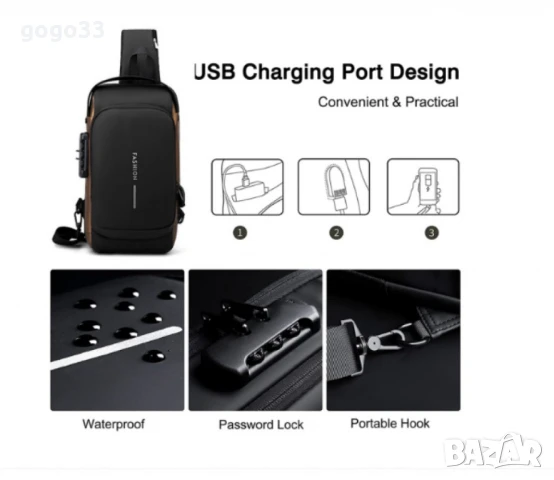 Мъжка чанта за през рамо, Crossbody, с USB поддръжка за зареждане, джоб против кражба, водоустойчивa, снимка 4 - Чанти - 50265874