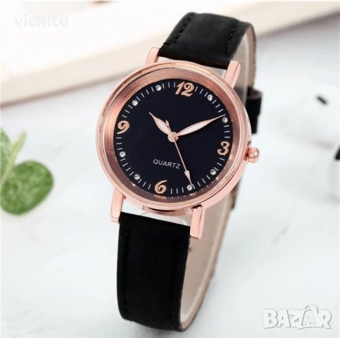Красив нов черен дамски ръчен часовник с кожена каишка., снимка 4 - Дамски - 43987915