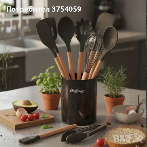 Комплект 12 части кухненски прибори със стойка Cheffinger – силиконови накрайници, дървени дръжки, снимка 4 - Прибори за хранене, готвене и сервиране - 53174040