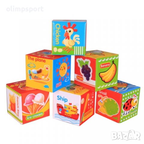 Комплект от 6 меки кубчета в различни цветове с картинки и наименованията им на английски език. 