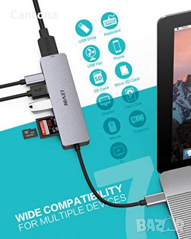 LEVIN USB C Hub 7 в 1 USB-C към 4K HDM, 2 USB 3.0, SD/TF четец на карти, Type C PD - 100W, снимка 3 - Други - 33686915