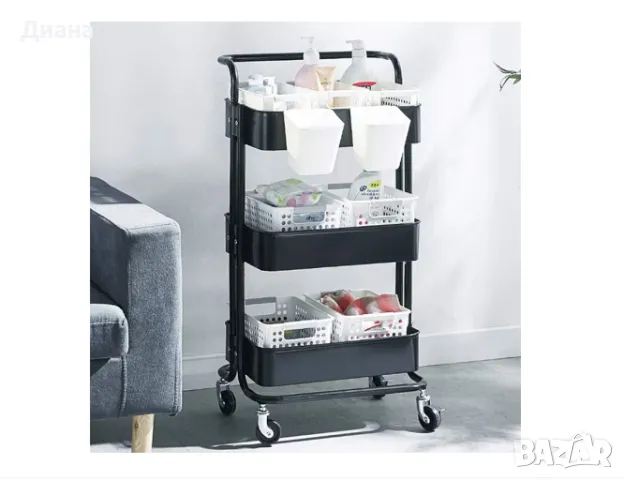 Подвижна етажерка на 3 нива с колелца и сгъваема дръжка, която издържа на натоварване до 25 кг, снимка 1
