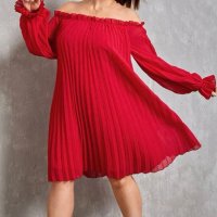 Красива елегантна разкроена рокля/туника с отворени рамена тип солей в червено, снимка 4 - Рокли - 39675299