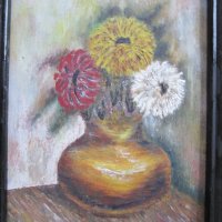 Картина -масло, картон ,ваза с цветя, 30х25см., снимка 2 - Картини - 39466569