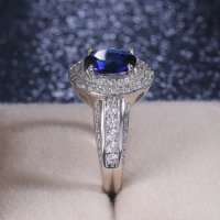 Сребърен пръстен със сапфир и австрийски кристали, снимка 2 - Пръстени - 32502606