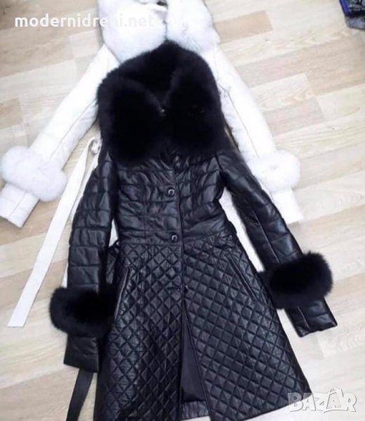 Дамско луксозно палто кожа и лисица бяло и черно, снимка 1